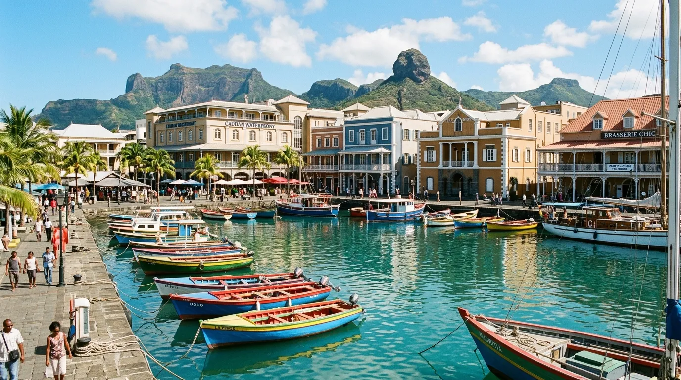 Sunny Port Louis harbor with colorful boats and colonial buildings.