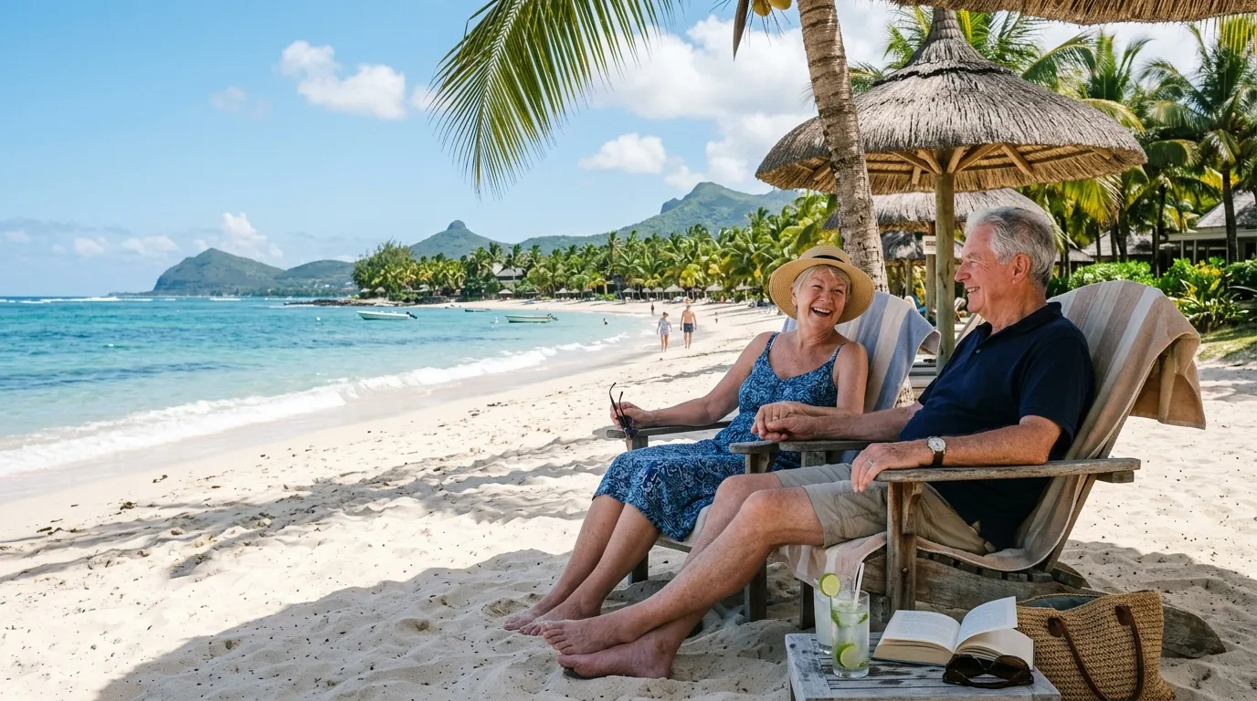 An elderly couple relaxing on a sunny tropical beach in Mauritius.