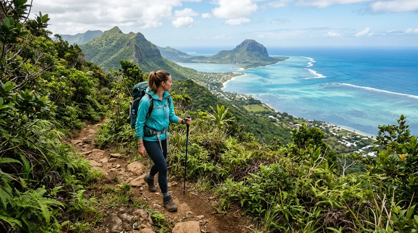 Hiker on a lush mountain trail, overlooking the coast of Mauritius.