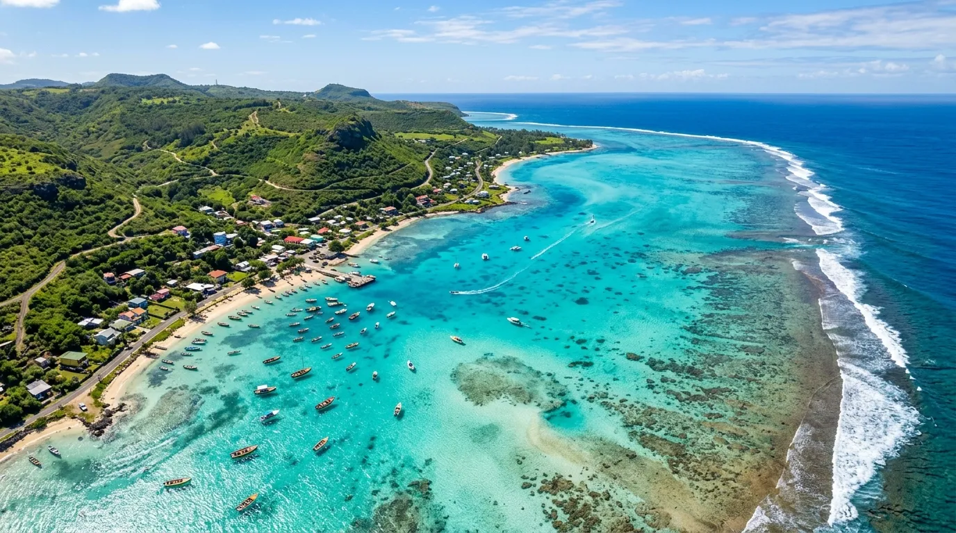 Sunny aerial view of the Rodrigues coast, turquoise lagoon and small boats.