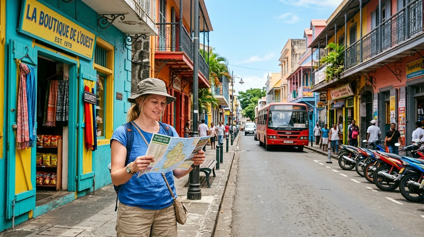 A cautious tourist holding a map in a sunny Mauritian street, near colorful buildings.