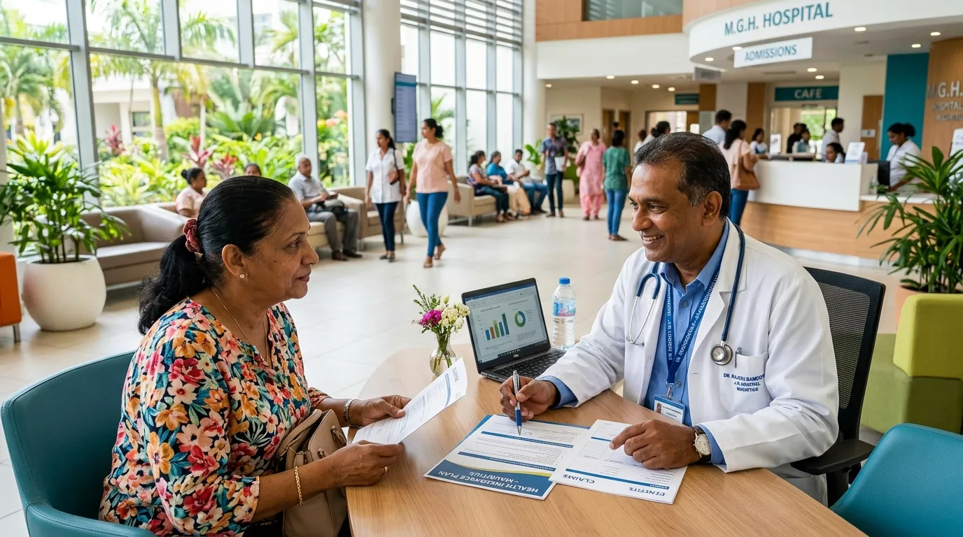 Mauritian doctor discussing health insurance with a patient in a bright hospital lobby.