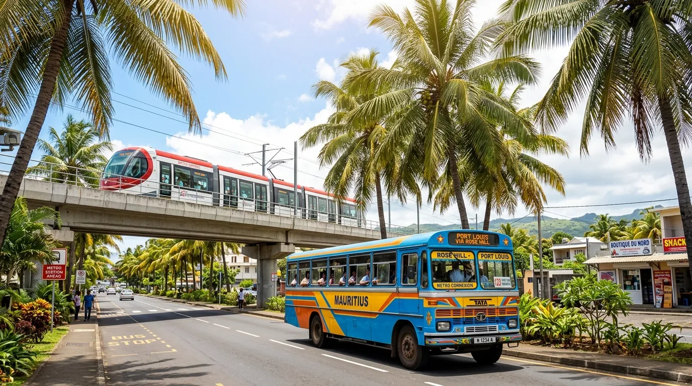 Mauritian bus and metro train under palm trees, sunny sky.