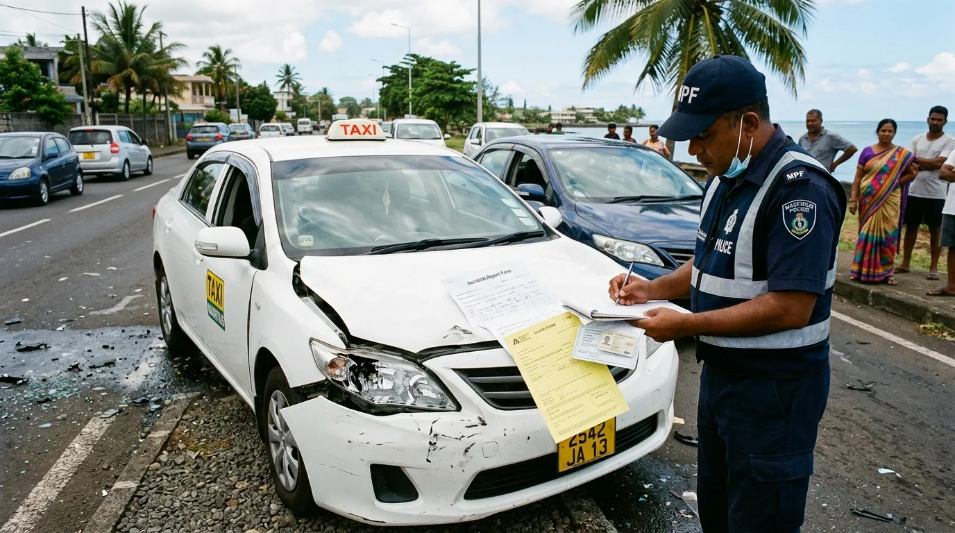 Voiture accidentée à l’île Maurice, policier et papiers d’assurance sur le capot.