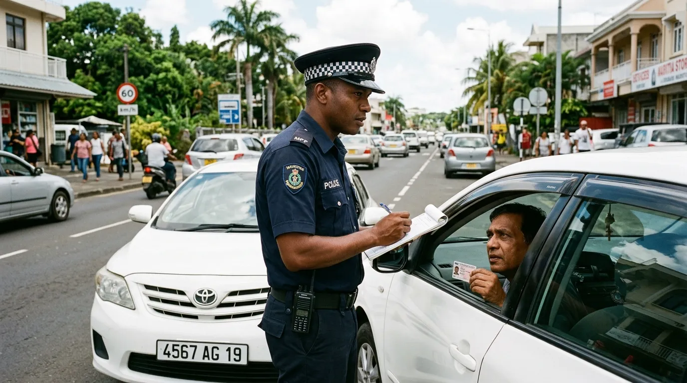 Policier mauricien remettant une contravention à un conducteur arrêté, scène réaliste.