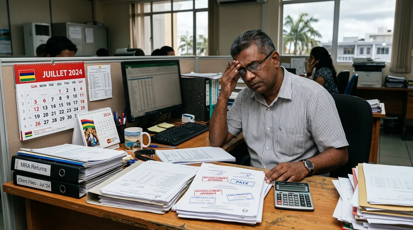 Bureau mauricien avec calendrier, calculatrice, documents tamponnés et comptable stressé, comptes en retard.