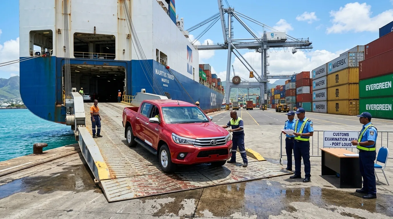 Auto scaricata al porto di Mauritius, con agenti doganali e container per l'importazione.