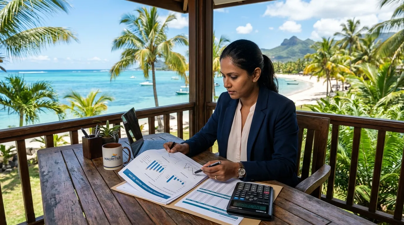 Un imprenditore consulta dei documenti vicino a una calcolatrice, in un ufficio tropicale a Mauritius.