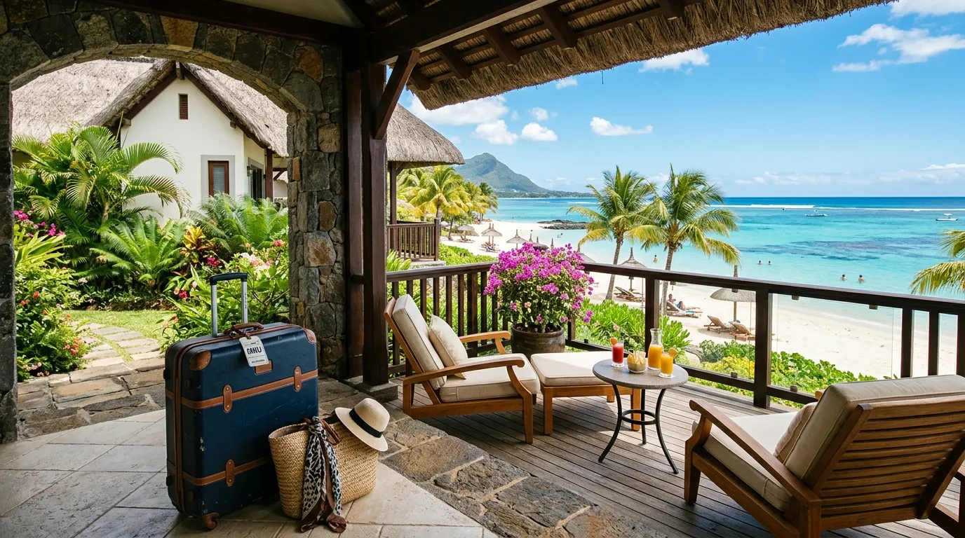 Villa soleggiata a Mauritius, valigia sulla terrazza, vista mare, atmosfera da casa in affitto.