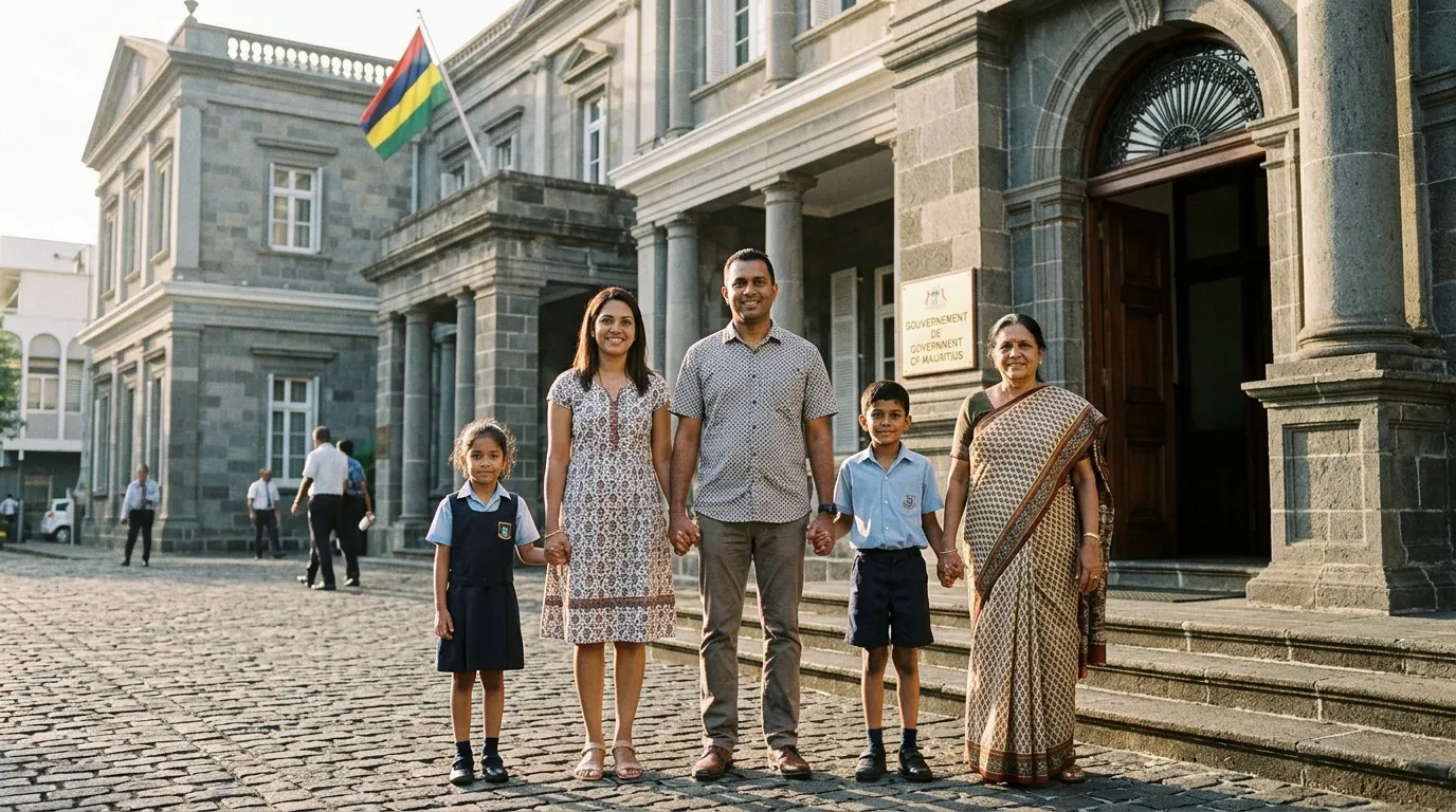 Una famiglia mauriziana che si tiene per mano davanti a un edificio governativo, foto spontanea.