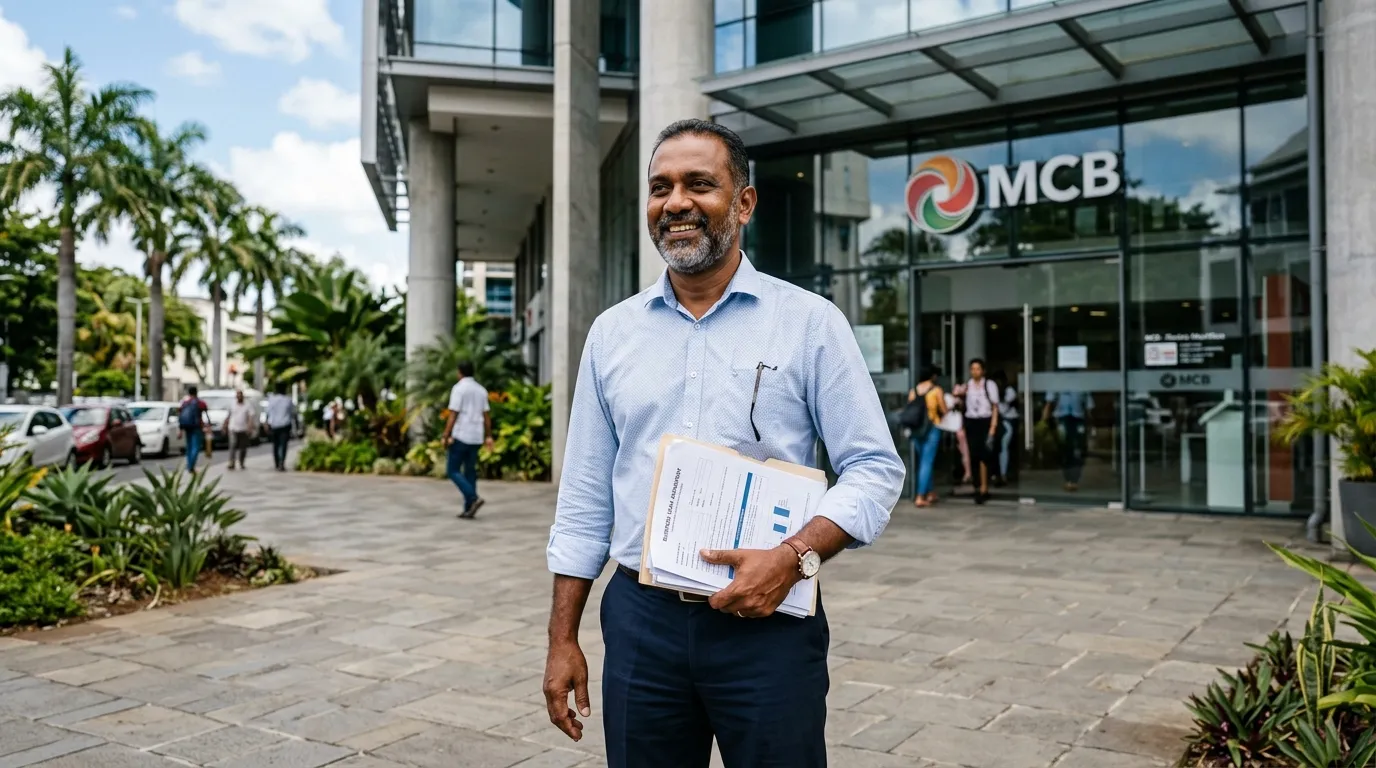 Imprenditore con in mano dei documenti davanti a una moderna banca a Mauritius.