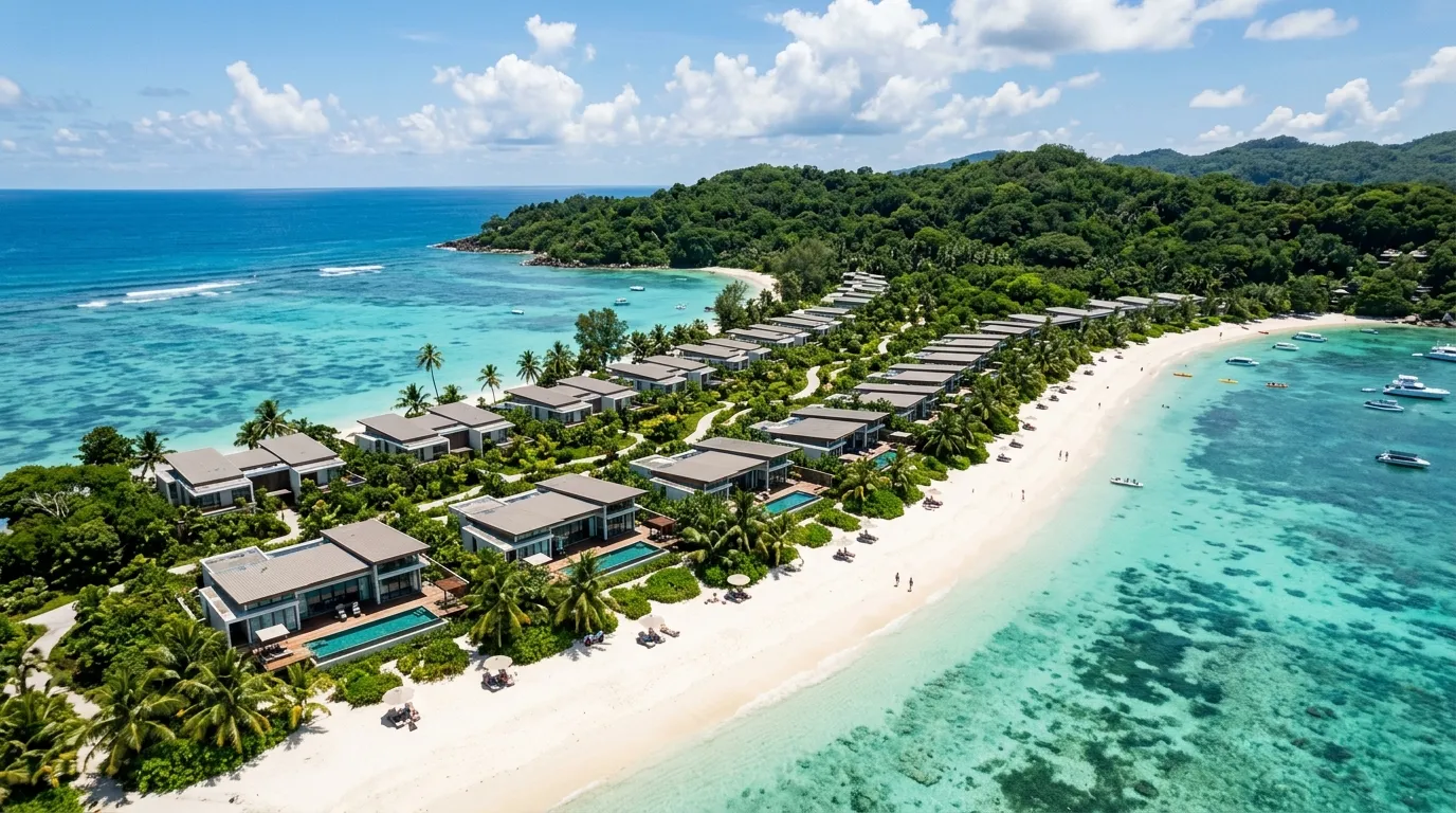 Veduta aerea soleggiata di moderne ville sulla spiaggia di un'isola tropicale, settore immobiliare.