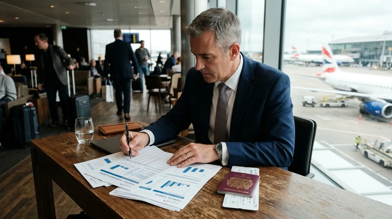 Uomo d'affari che esamina documenti finanziari, tra cui passaporto, biglietto aereo e documenti fiscali.