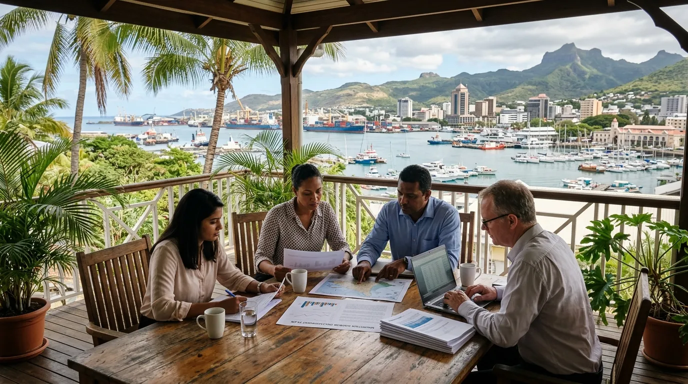Professionisti che esaminano documenti in un ufficio tropicale con vista sul porto di Mauritius, durante un'attività di due diligence.