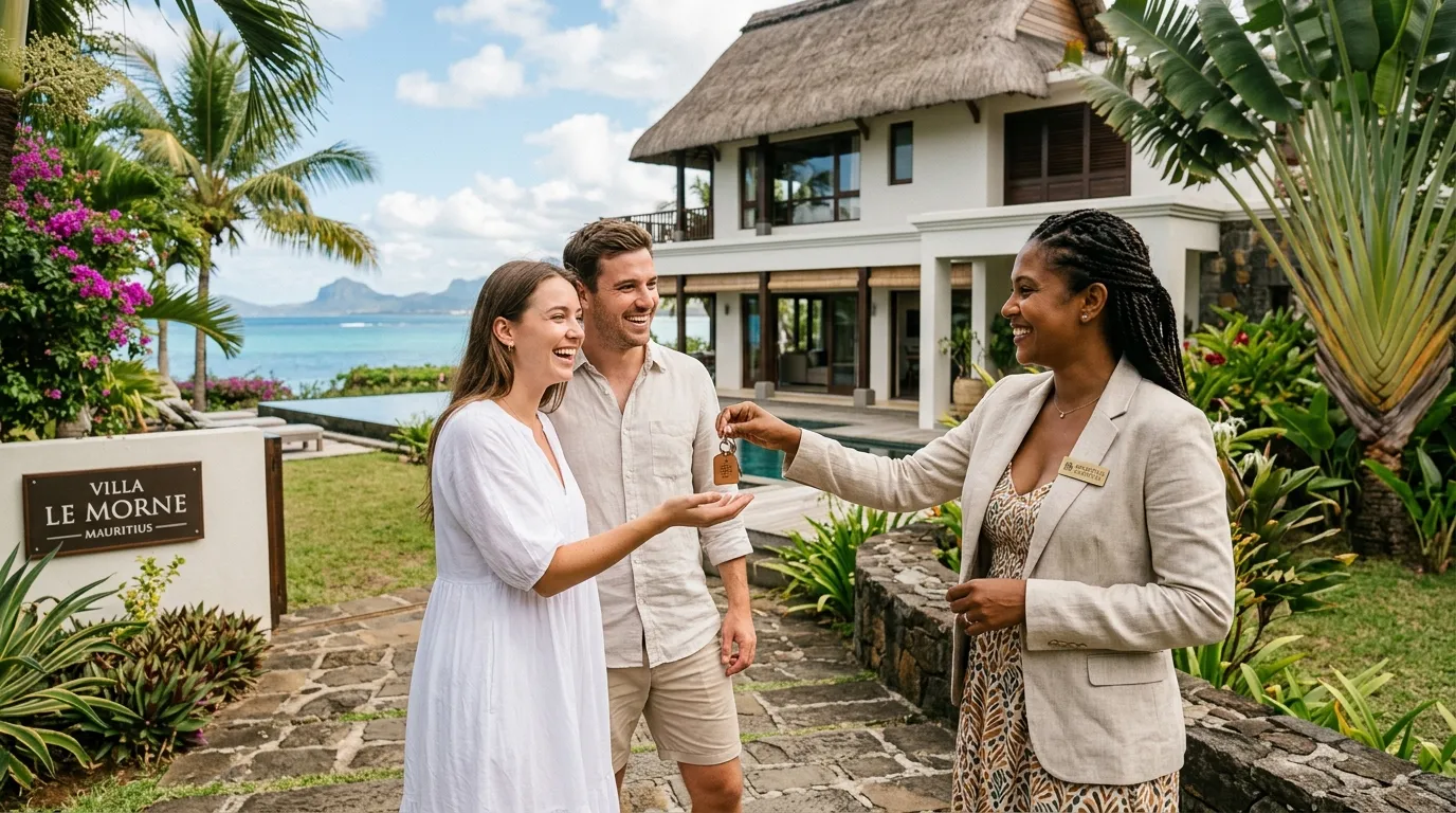 Un agente immobiliare consegna le chiavi davanti a una villa tropicale a Mauritius.