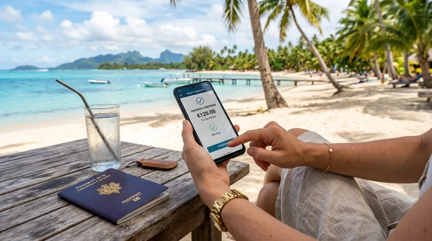 Invio di denaro a mano tramite smartphone, con passaporto francese e spiaggia tropicale.