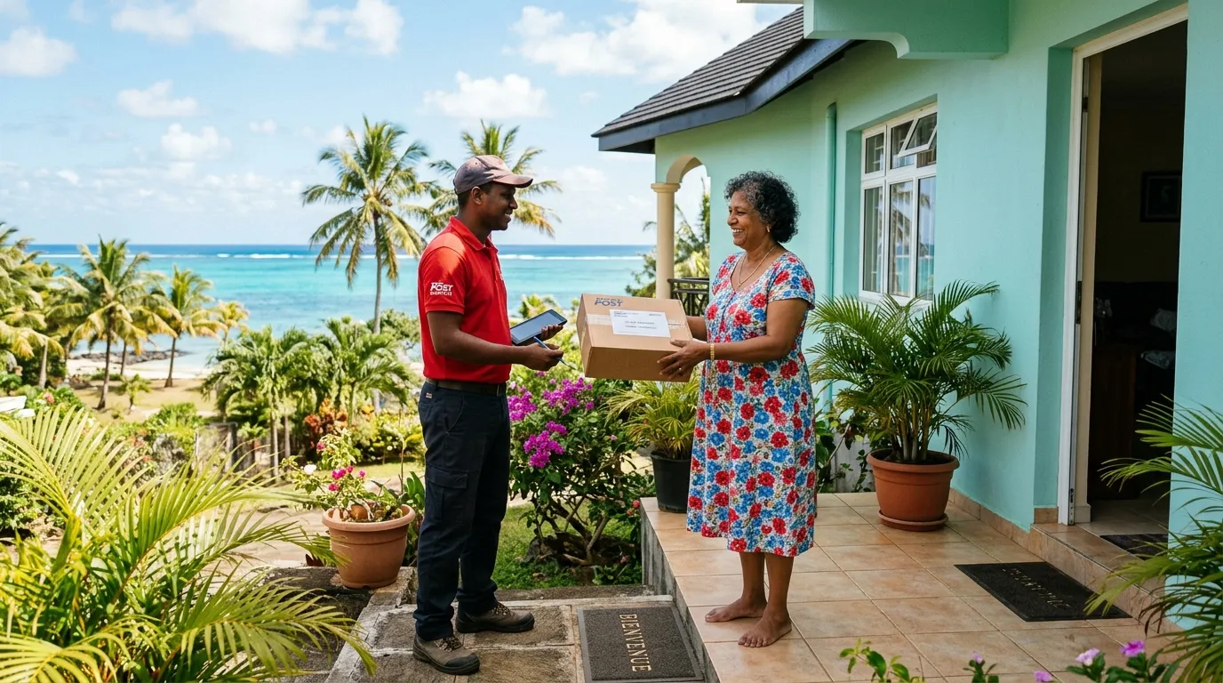 Propriétaire mauricien recevant un colis sur le pas de porte, palmiers et océan.
