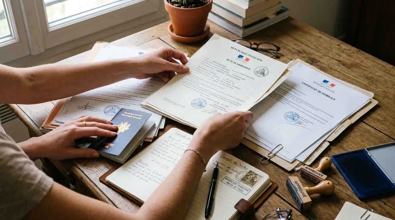 Mains triant des documents juridiques français, passeport, tampons et carnet sur bureau.
