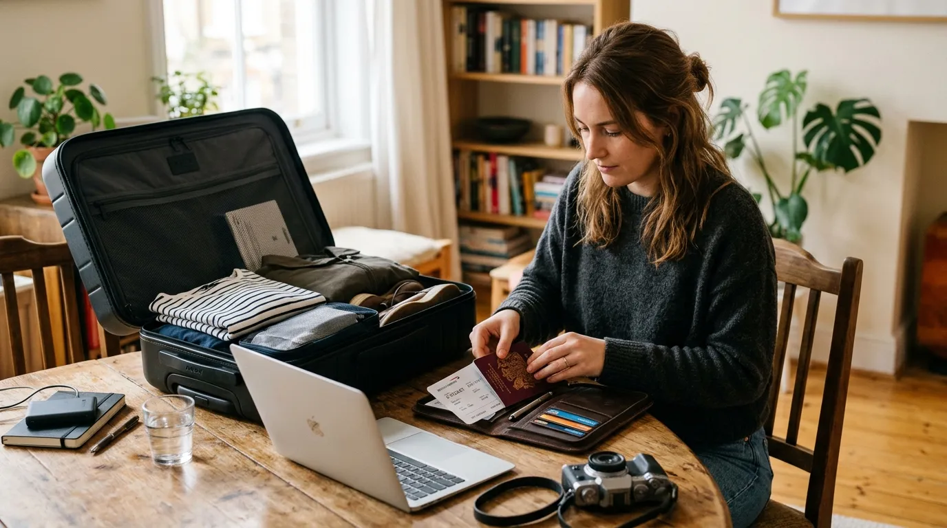 Voyageur préparant documents et valise près d’un ordinateur, évoquant assurance-vie et PEA.