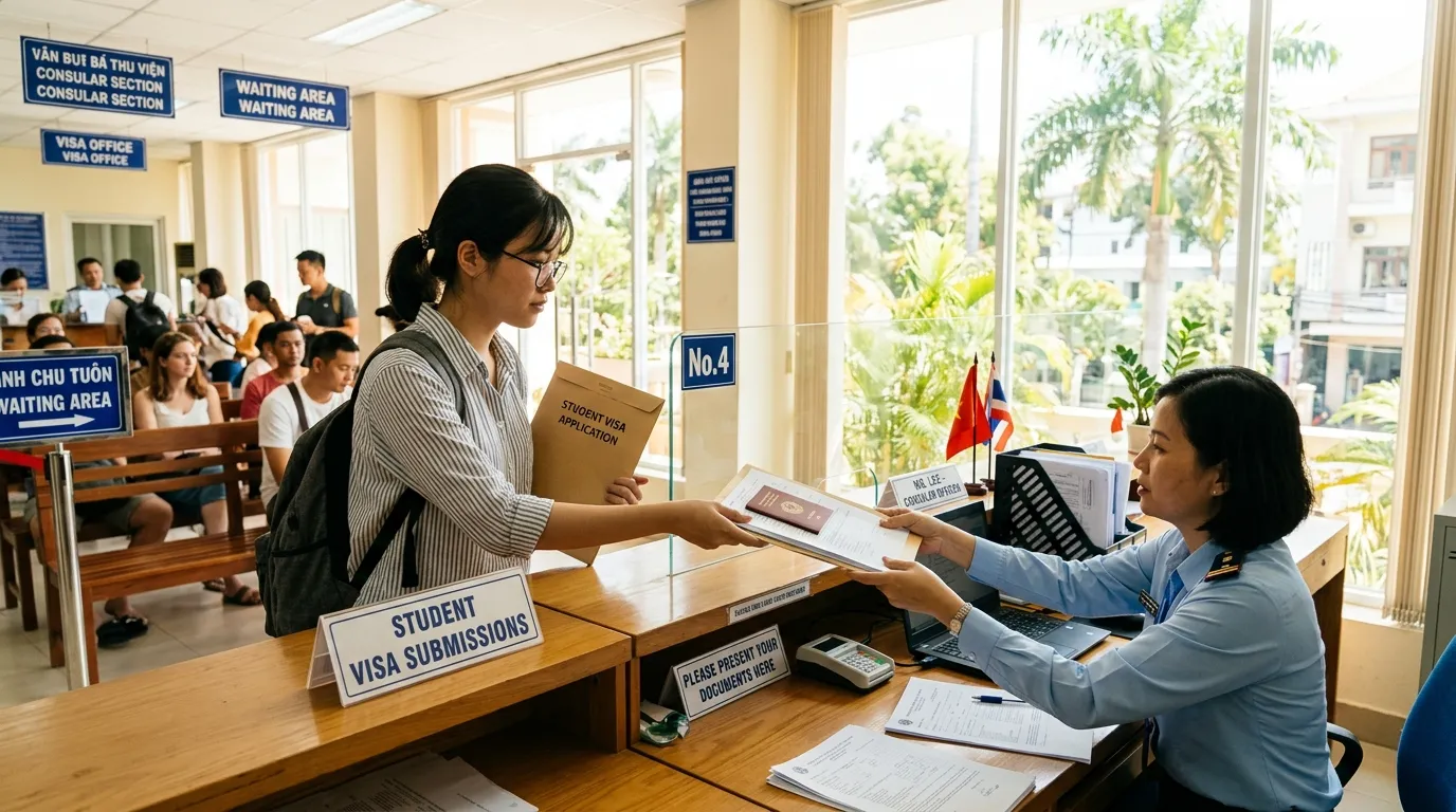 Élève dépose des dossiers de bourses au guichet du consulat, lumière tropicale.