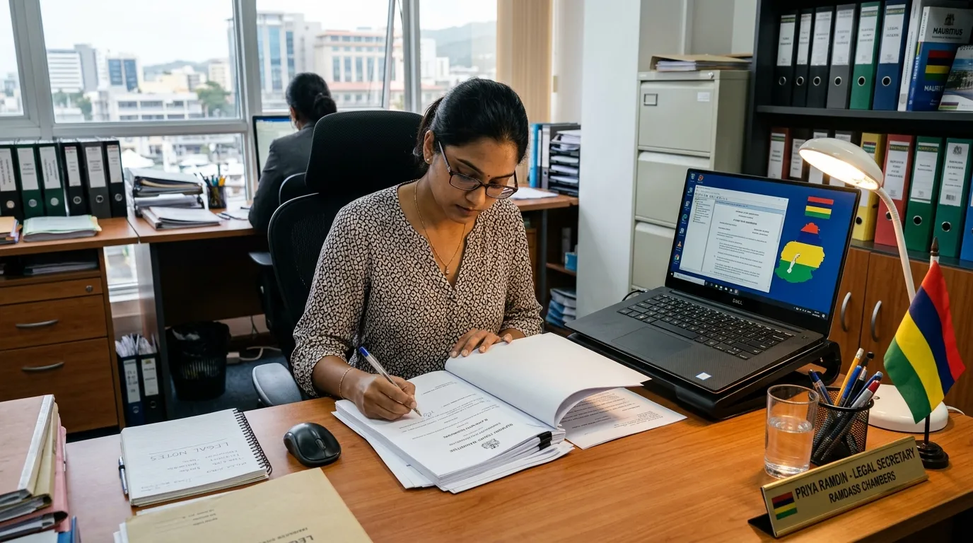 Bureau mauricien avec une secrétaire examinant des documents juridiques près d’un ordinateur portable.