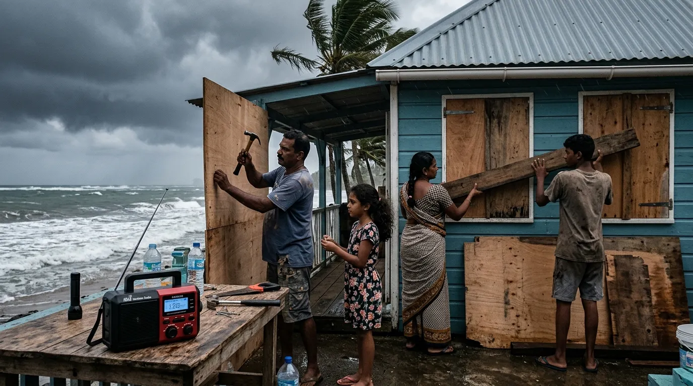 Famille mauricienne barricadant une maison en bord de mer, radio d’alerte près d’eux.
