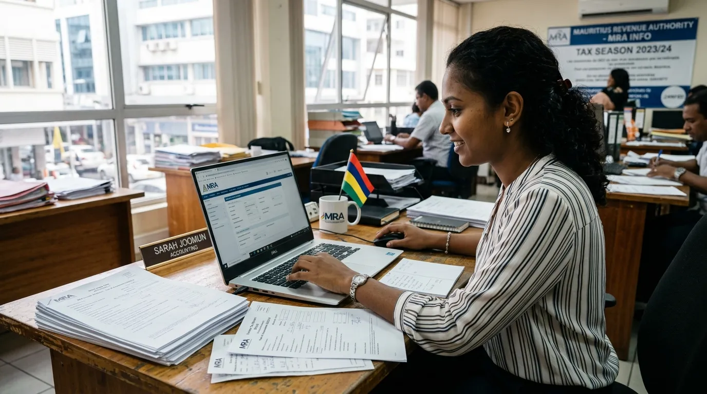 Employé mauricien remplissant sa déclaration MRA sur ordinateur, formulaires papier à côté.