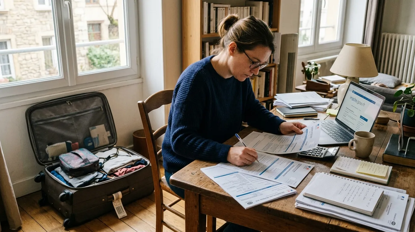 No one at a desk, French tax forms and a suitcase, tax return atmosphere.