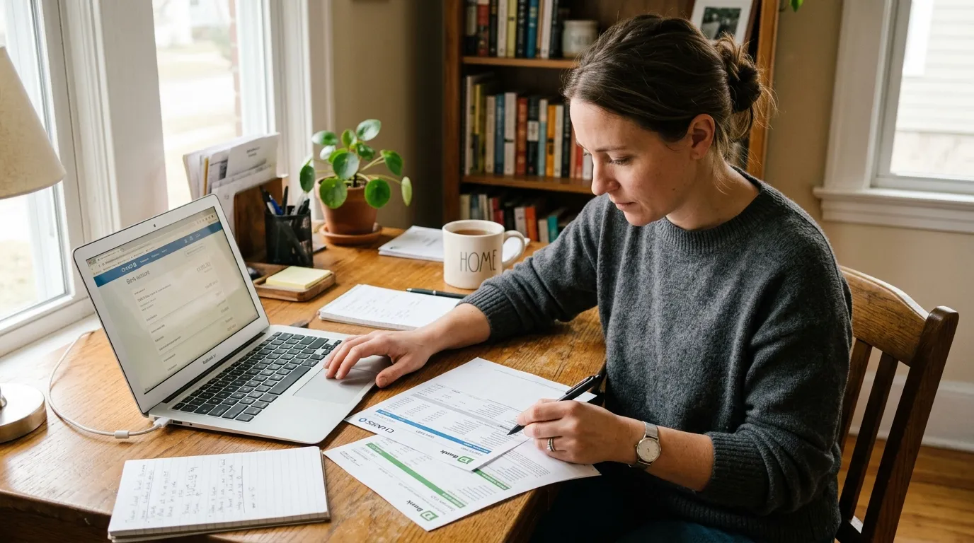 Personne à un bureau examinant des relevés bancaires près d’un ordinateur portable.