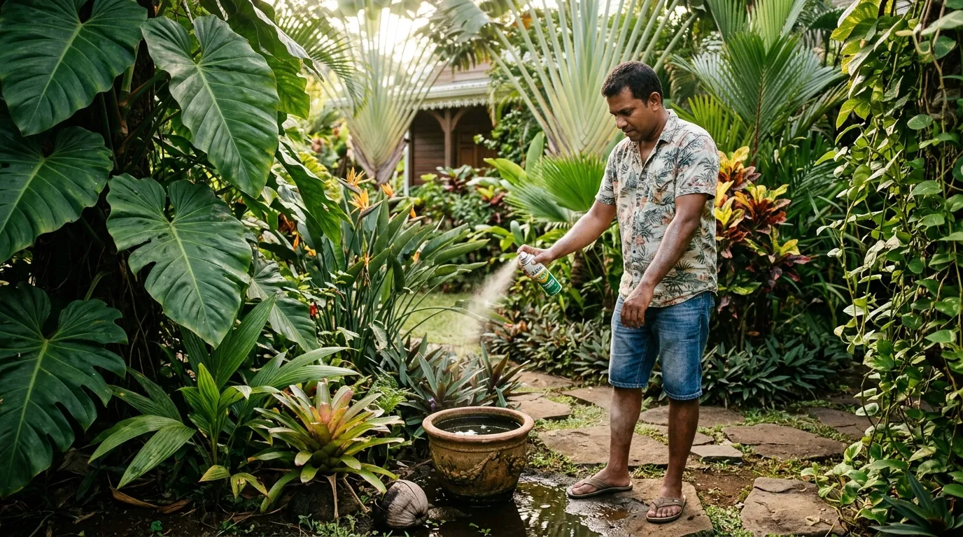 Dans un jardin tropical mauricien, une personne applique du répulsif près d’eau stagnante.
