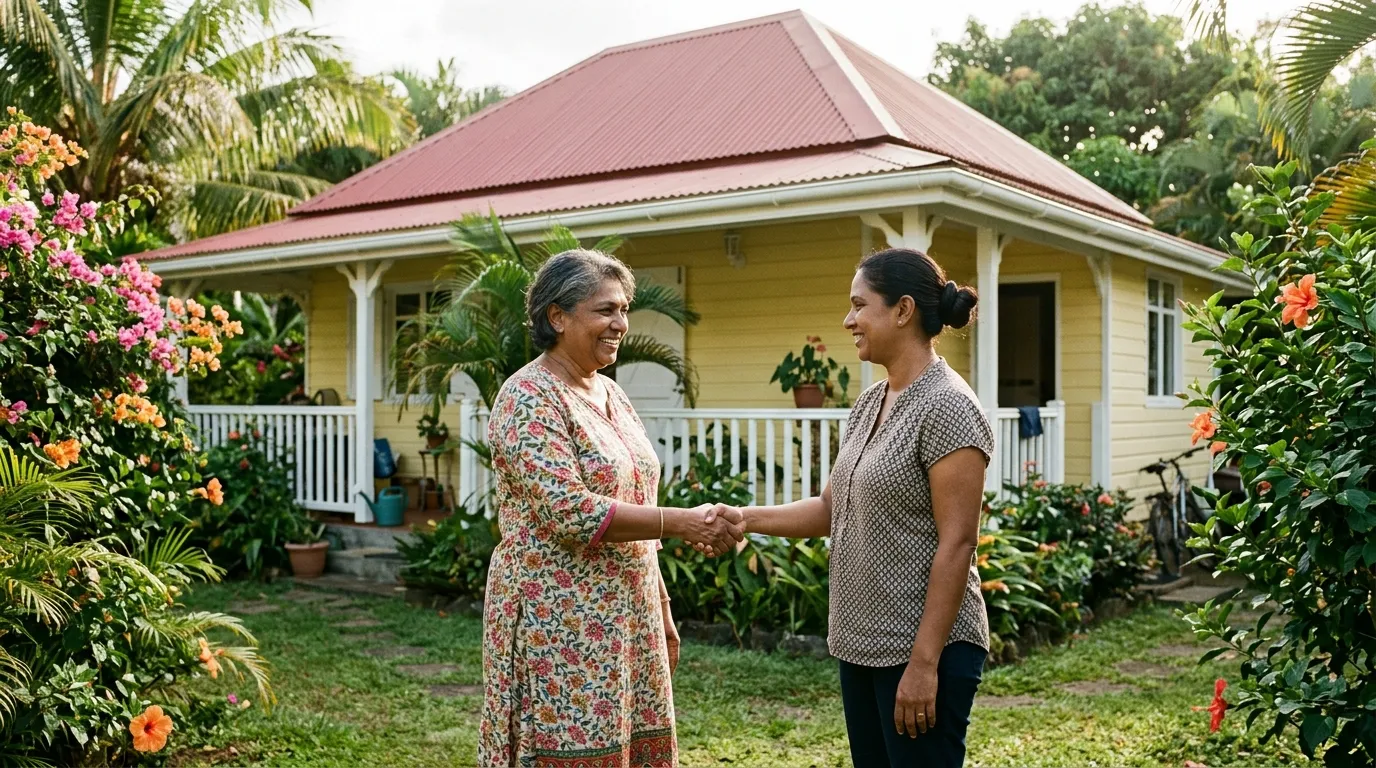 Propriétaire mauricien serre la main d’une nounou devant une maison tropicale, contrat.