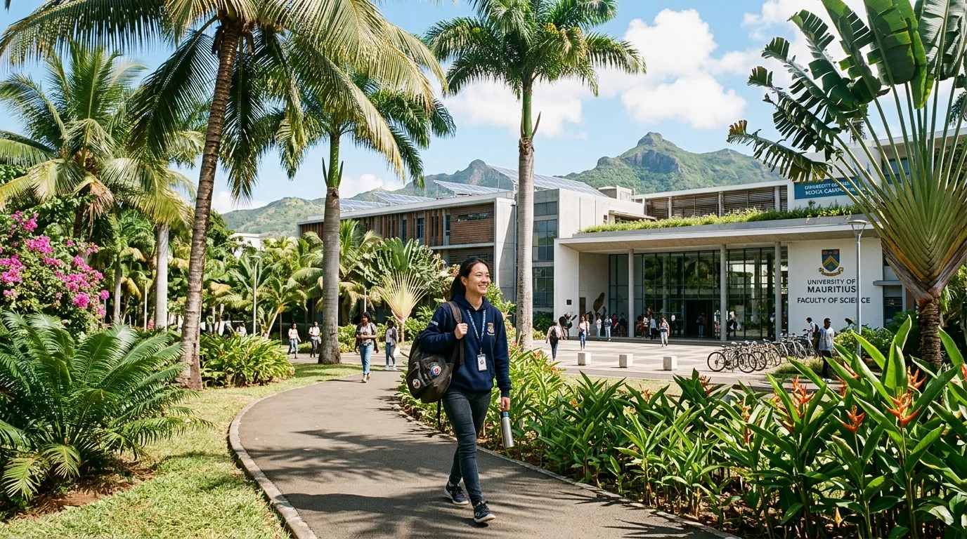 Étudiant marchant vers un campus universitaire moderne à Maurice sous des palmiers tropicaux.