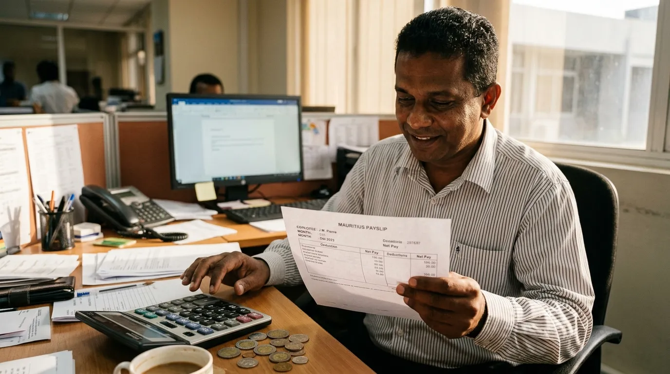 Employé mauricien examinant sa fiche de paie avec calculatrice, pièces et mentions PAYE.
