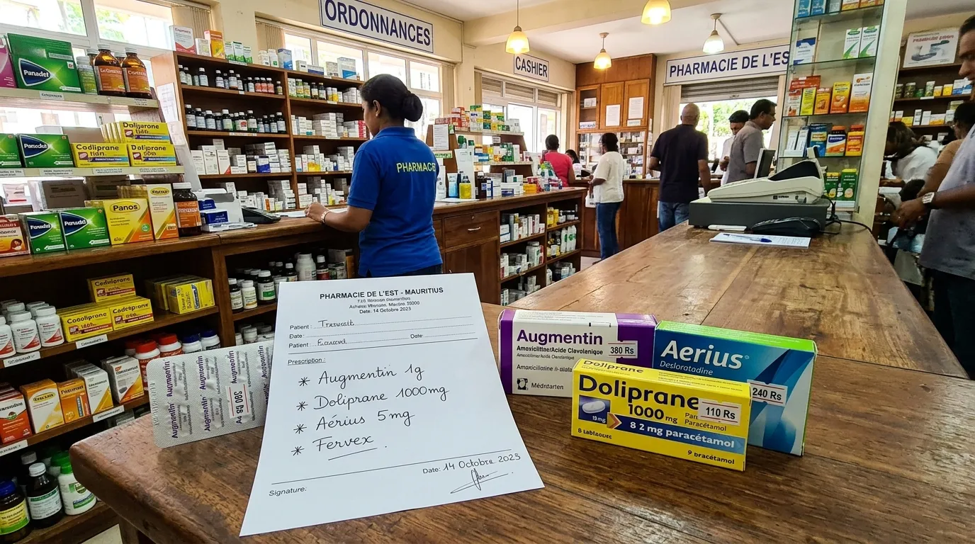 Ordonnance française et médicaments sur une table, près d’un comptoir de pharmacie mauricien.