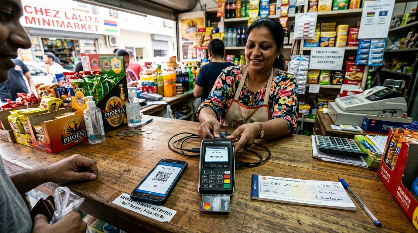 Comptoir de boutique mauricien avec lecteur de carte, téléphone mobile et chèques papier.