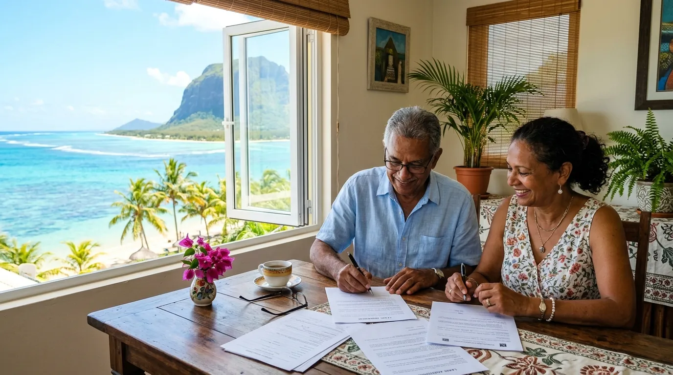 Couple de retraités signant des papiers près d'une fenêtre tropicale ensoleillée, certificat de vie.