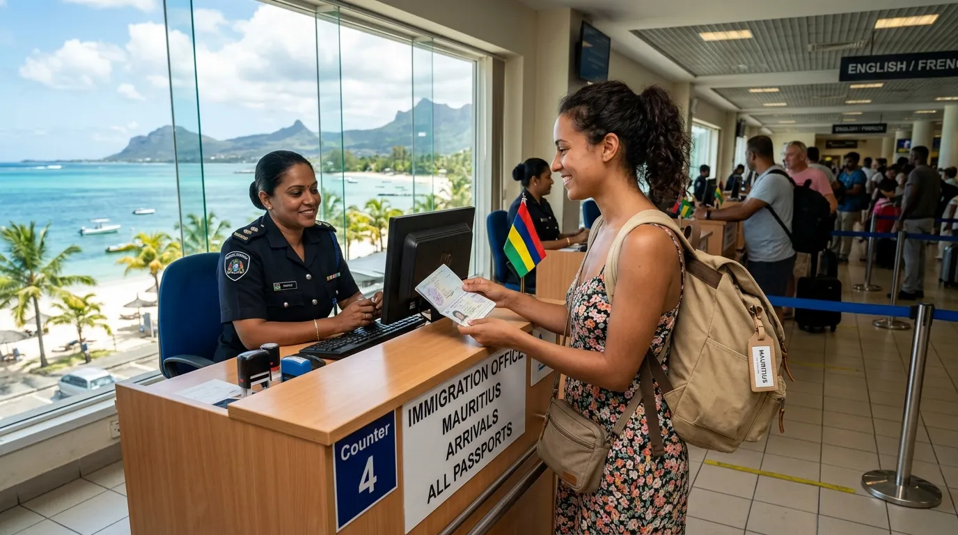 Viajero en el mostrador de inmigración de Mauricio, pasaporte en mano, playa tropical visible desde afuera.