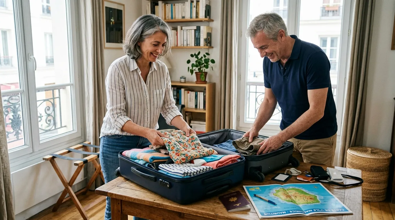 Couple français range des valises près d’un passeport, carte d’île tropicale et CPAM.