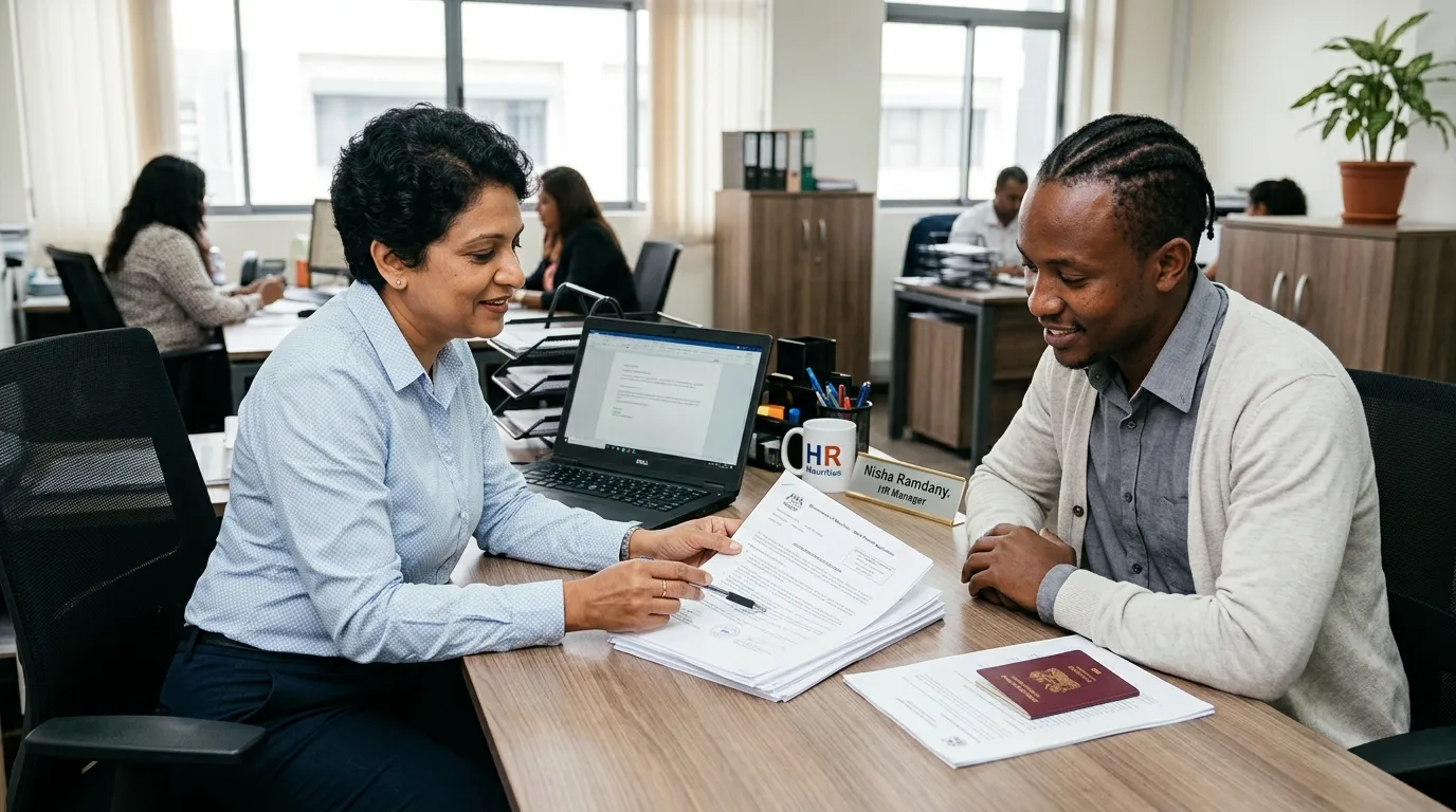 Responsable RH mauricien examinant des papiers de work permit avec un candidat étranger dans un bureau.