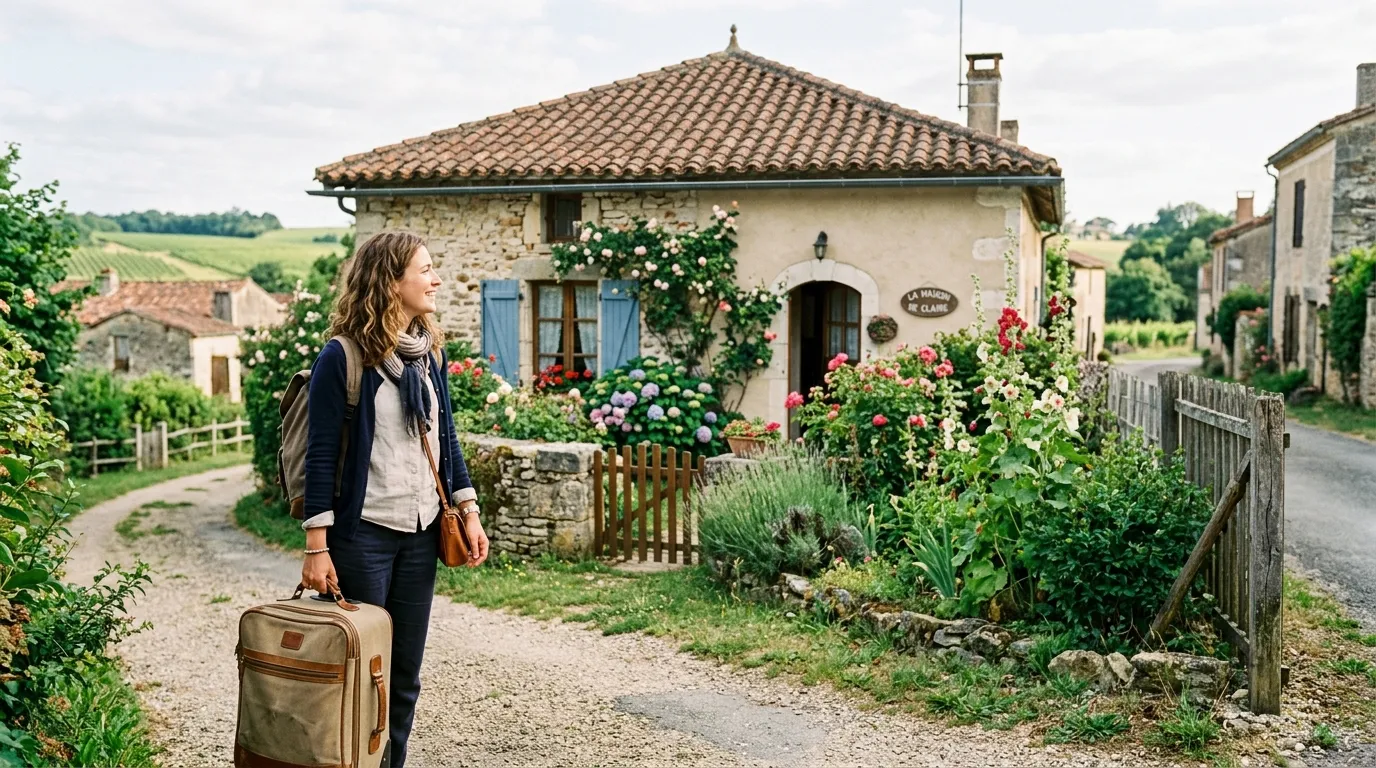 Voyageur arrivant en France avec une valise, regardant une maison, air de retour fiscal