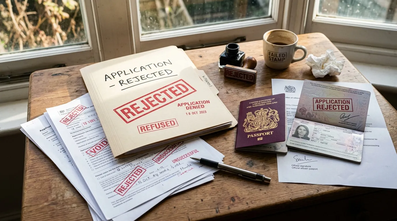 Bureau avec dossier de demande rejeté, tampons rouges, passeport et lumière naturelle.