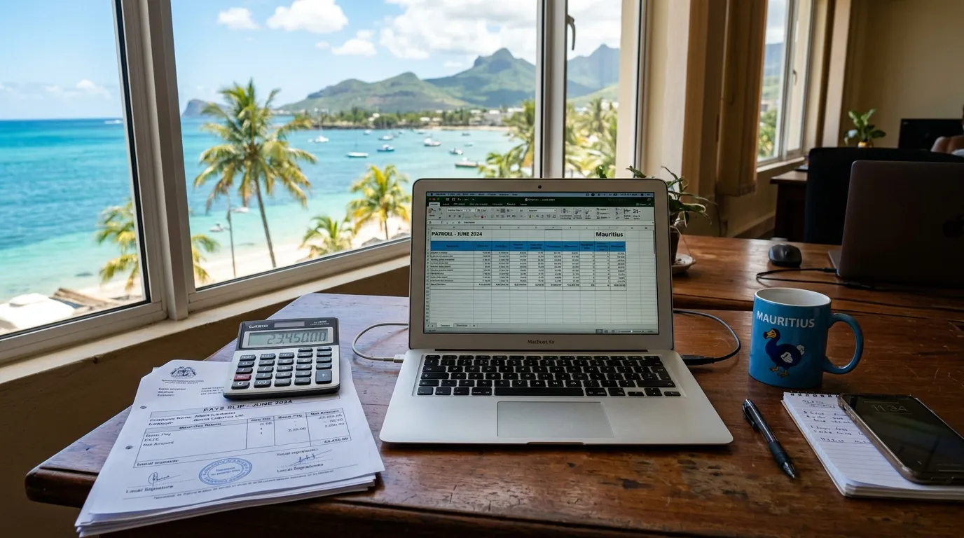 Bureau mauricien avec calculatrice, bulletins de salaire, ordinateur portable et vue tropicale.