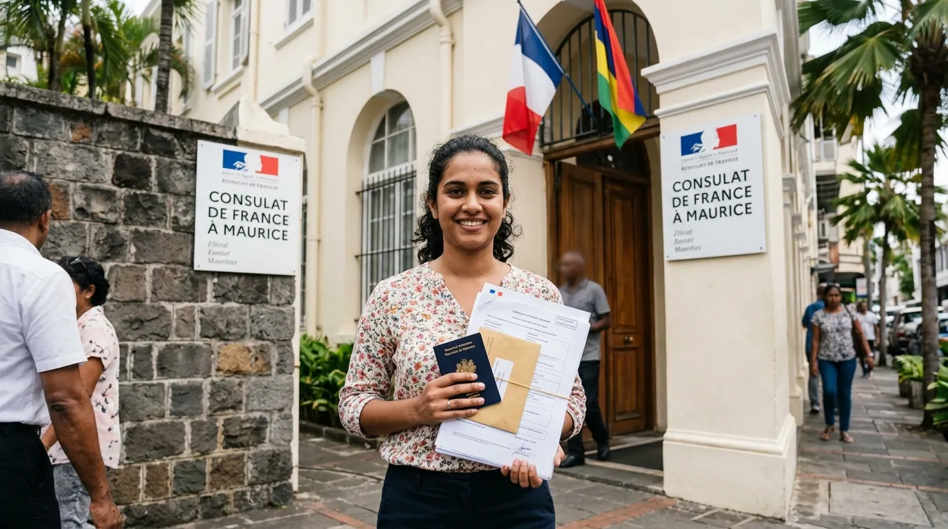Personne tenant des papiers de passeport devant le consulat français à Maurice.