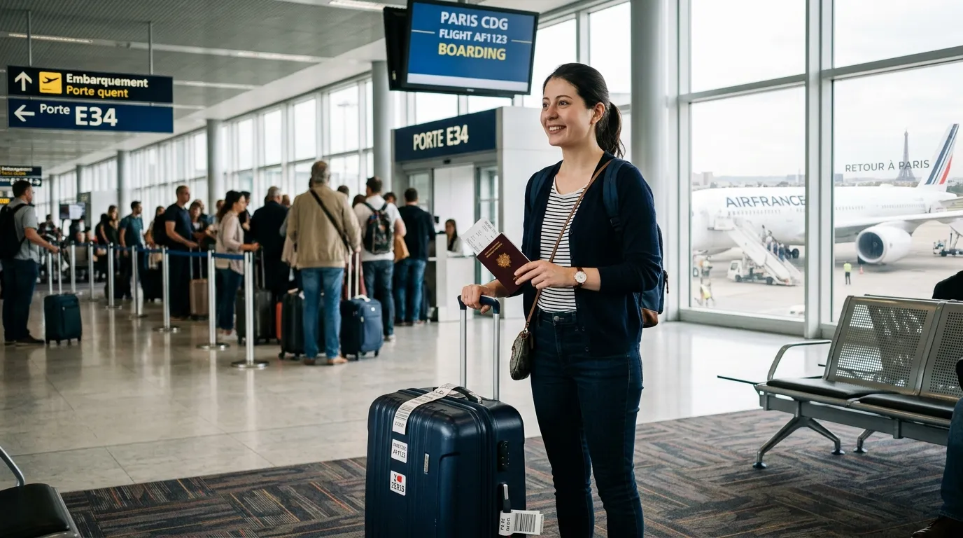 Voyageur avec valise et passeport à l’aéroport, prêt à rentrer en France.