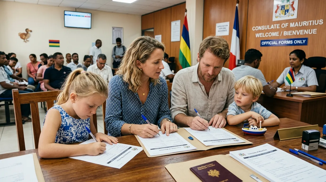 Famille française remplissant des formulaires dans un consulat mauricien, dossier d’inscription.