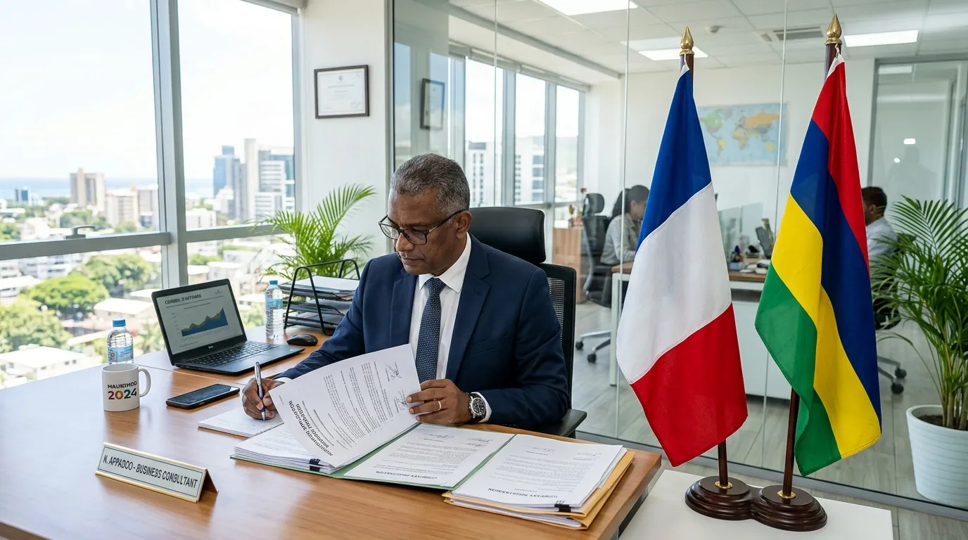 Dirigeant consultant des papiers d’enregistrement près des drapeaux français et mauricien, bureau lumineux.