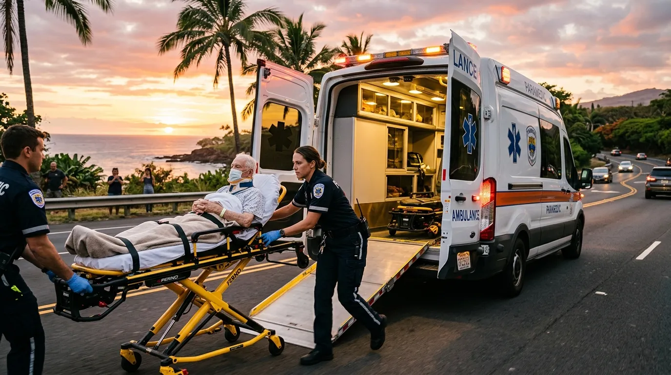 Paramedic loads a patient into an ambulance, tropical road at sunset.