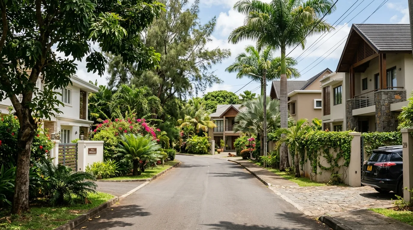 Quiet residential street in the center of Mauritius, modern houses and lush tropical trees