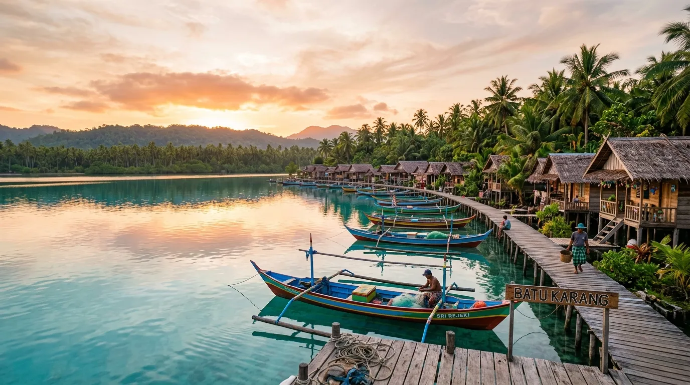 Peaceful village on the edge of the lagoon, fishing boats, palm trees, turquoise water at dawn.