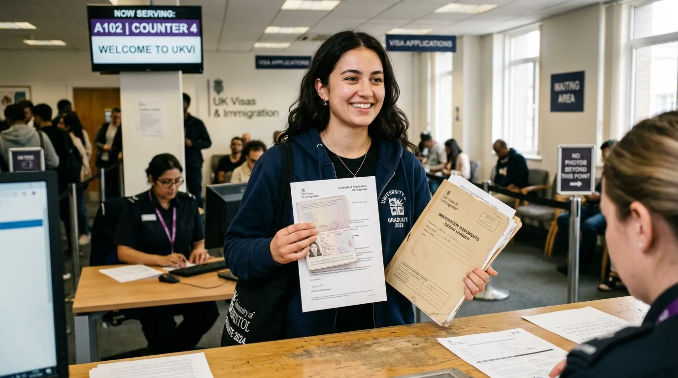 Young graduate holding a passport and file at the immigration office.